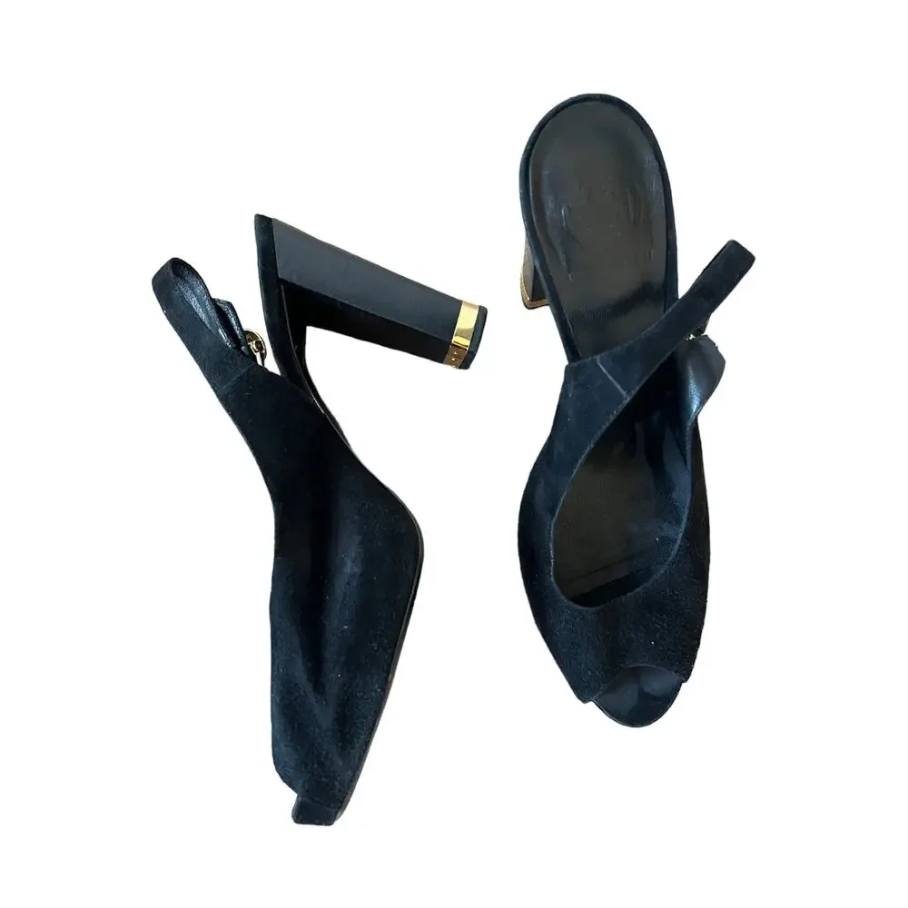 Tory Burch Black Gold Suede Slingback Block Platform Heels Size 9.5